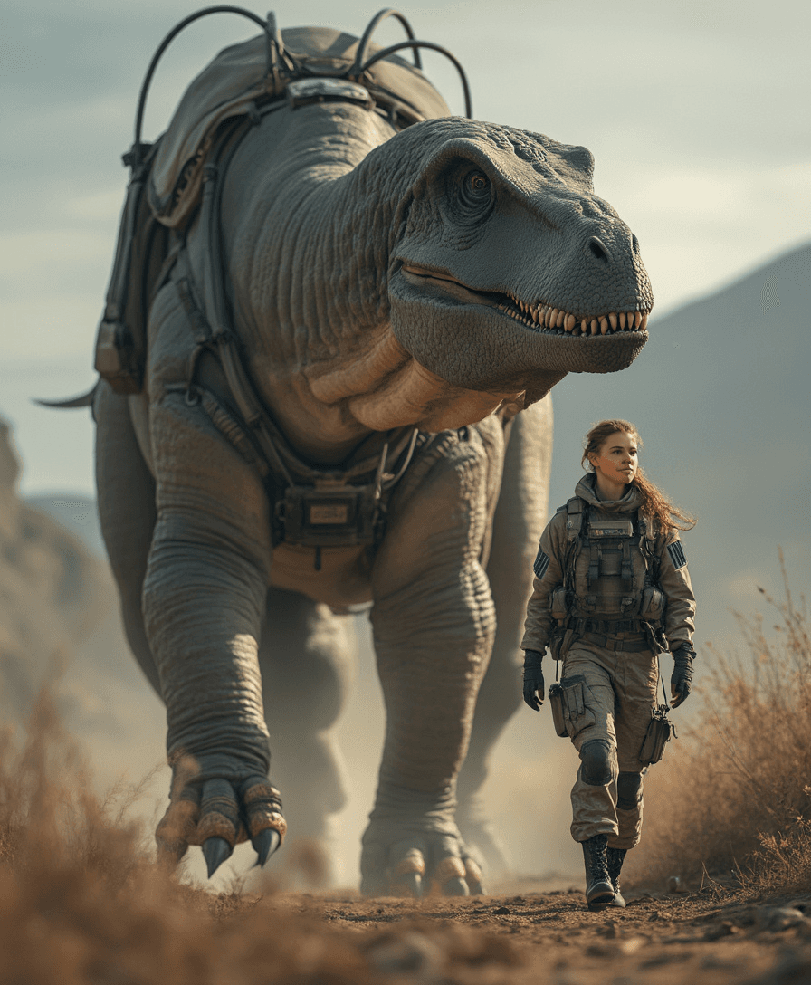 A hyper-realistic image of a U.S. soldier in her late 30s, with a calm and determined expression, walking beside a massive paraceratherium, a giant prehistoric mammal. The creature’s long neck and towering body are adorned with lightweight tactical gear, including a USA flag harness. The soldier confidently places her hand on the animal’s leg as they move forward, capturing the towering majesty of the creature and the soldier’s quiet strength. Fine detail 