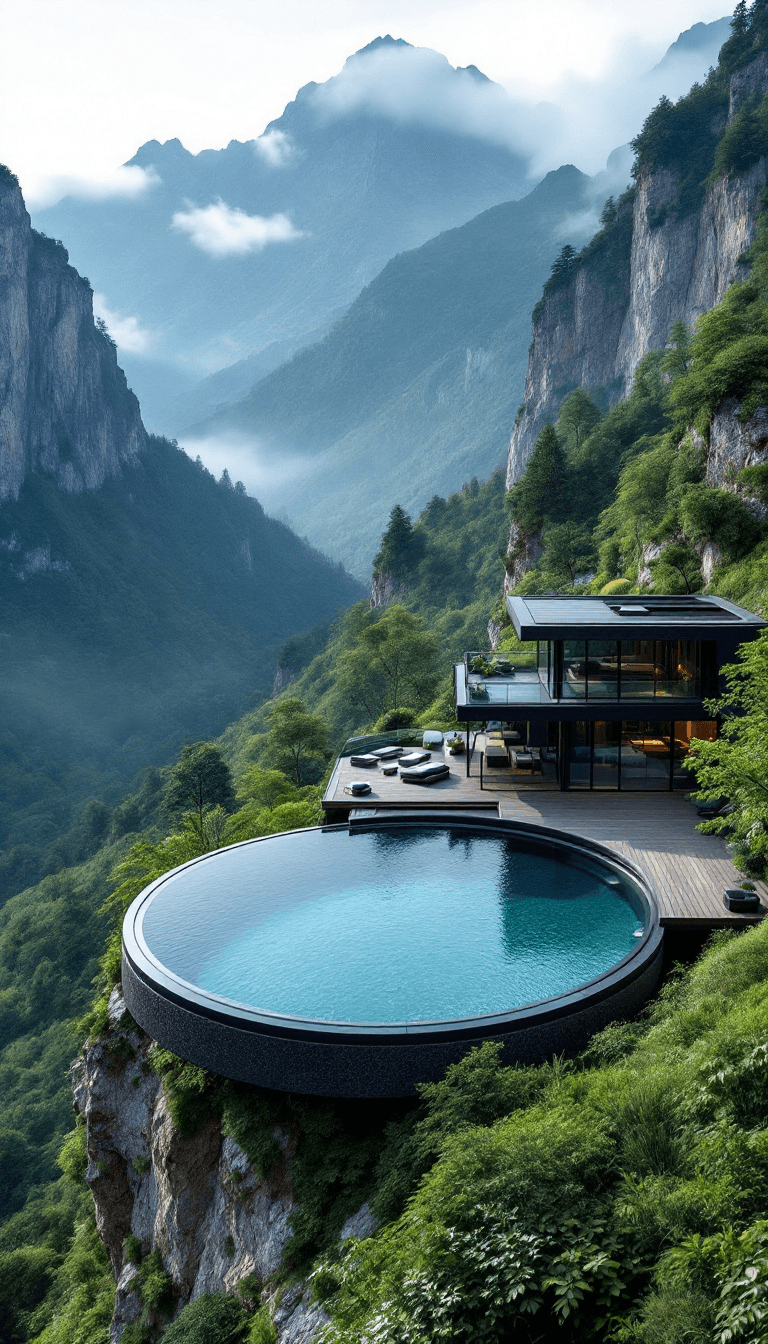 a stunning, modern luxury house situated on a mountainside, surrounded by lush greenery and dramatic landscapes. The structure is sleek, with clean lines and dark tones, blending harmoniously with the natural environment. A circular infinity pool extends from the deck, creating a seamless connection with the valley and mountainous backdrop. The water’s edge reflects the sky, adding a sense of serenity and openness to the scene. The surrounding landscape features tall cliffs, dense forests, and misty mountain peaks, evoking a tranquil and secluded atmosphere. The combination of modern architecture and breathtaking nature makes the scene particularly striking and serene.