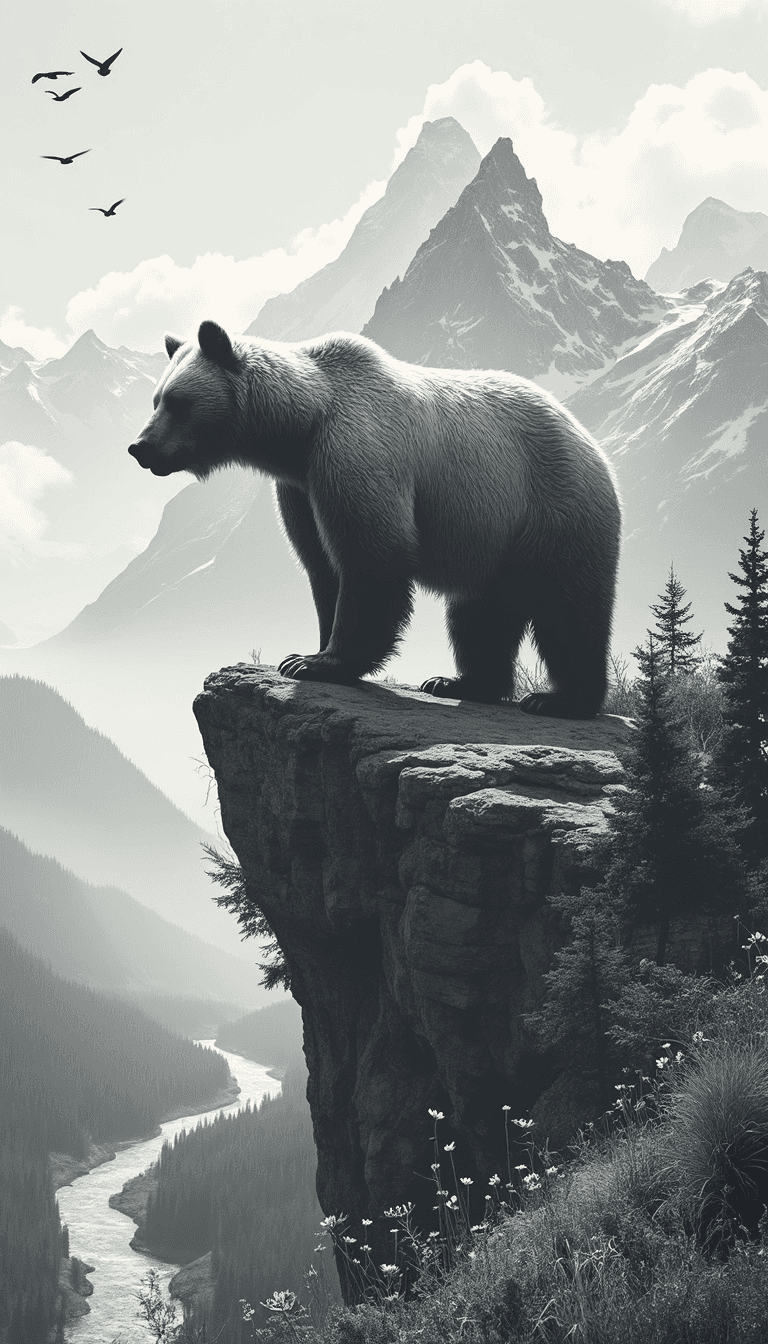 A hyper-realistic, 4k black and white double exposure illustration featuring a bear standing atop a rocky cliff, with its body blending into a dramatic mountain range. The bear's powerful silhouette merges seamlessly with rugged peaks that cascade down into a valley below. A winding river snakes through the valley, reflecting the towering snow-covered mountains and dense forest surrounding it. Wildflowers and tall grass sway gently in the foreground near the cliff, adding texture to the scene. Above, birds circle high in the sky as clouds drift past the mountain tops, creating a sense of movement. The double exposure effect elegantly fuses the bear with the mountainous landscape, symbolizing strength and serenity. Every detail--from the bear’s fur and the jagged rocks on the cliff, to the flowing river and delicate wildflowers--is intricately rendered with ultra-high clarity, no blurriness, and no distortions. 