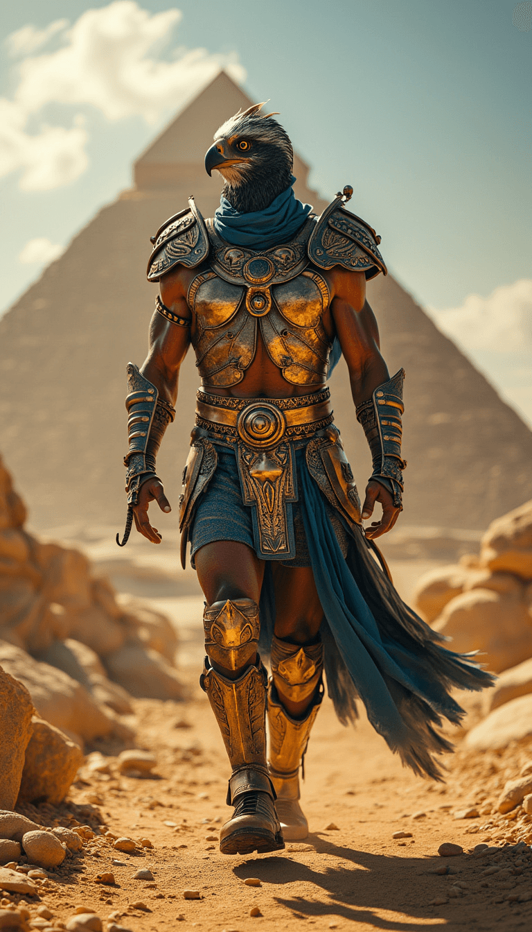 Full body shot of a hyper-realistic falcon warrior walking wearing gold and blue armor, ancient pyramids in the background, vibrant colors, high resolution, high detail, cinematic lighting, sharp focus 32K HDR