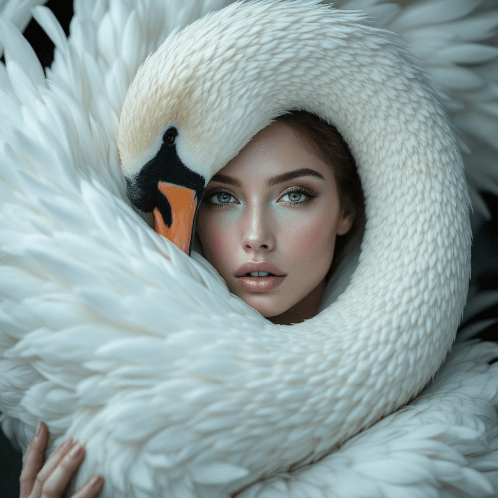 photo of A striking visual of a woman intertwined with a large white swan, its curved neck delicately framing her face. The gentle interaction between the human and animal creates an image of serenity and grace. The lighting is soft, with the feathers of the swan and the woman's smooth skin blending together seamlessly, producing a surreal, fashion shoot, in the style of sarah moon