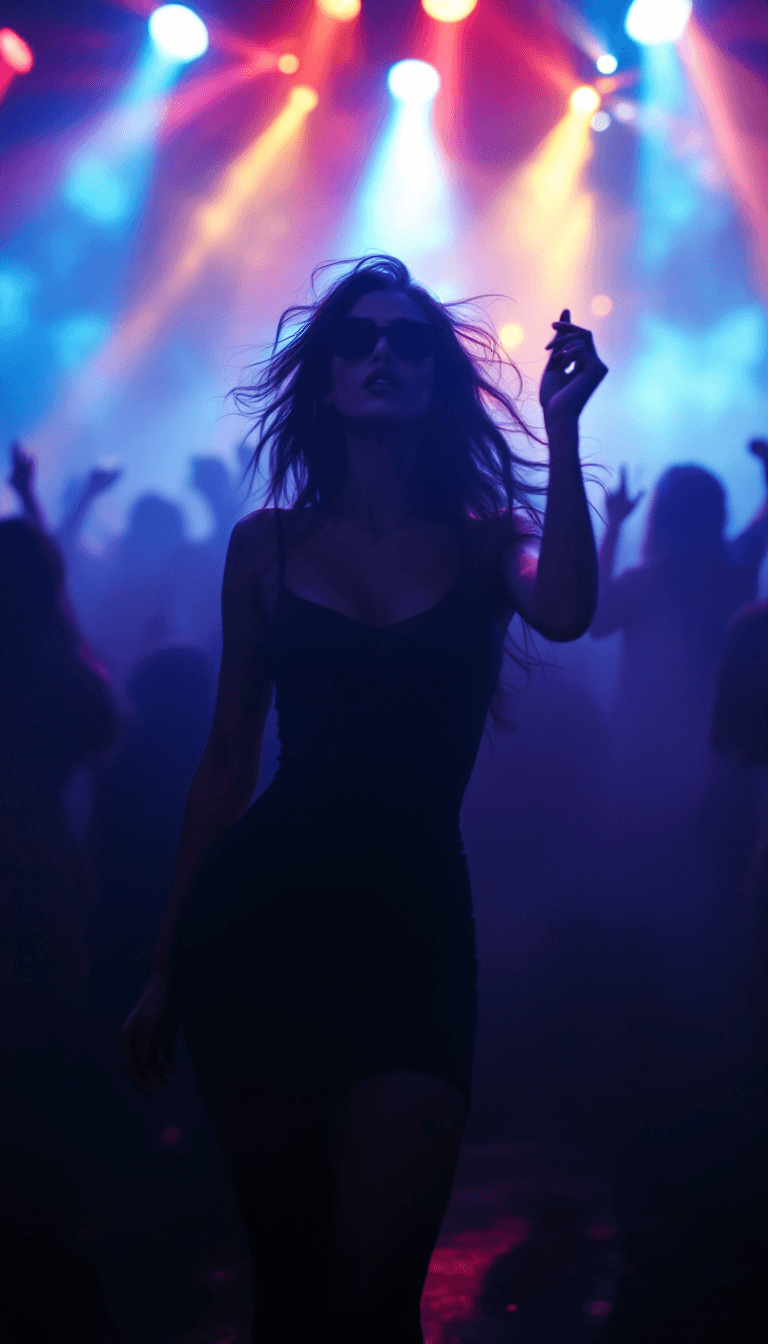 Full-body view of a latin looking, emu fan at a big Berlin techno club, wide space, she´s dancing, wearing dark sunglasses and a tight dress, she's in the middle of a colorful light background covered in Fog. She looks like she´s dancing alone and the rest of the dancing crowd is covered in fog, depth of field, gloomy lightning, Cinematic composition, cinematic high realistic, foggy, the scene has the style of a 1990s British mystery movie, with film grain and a 35mm lens, captured using an ARRIFLEX 2X camera