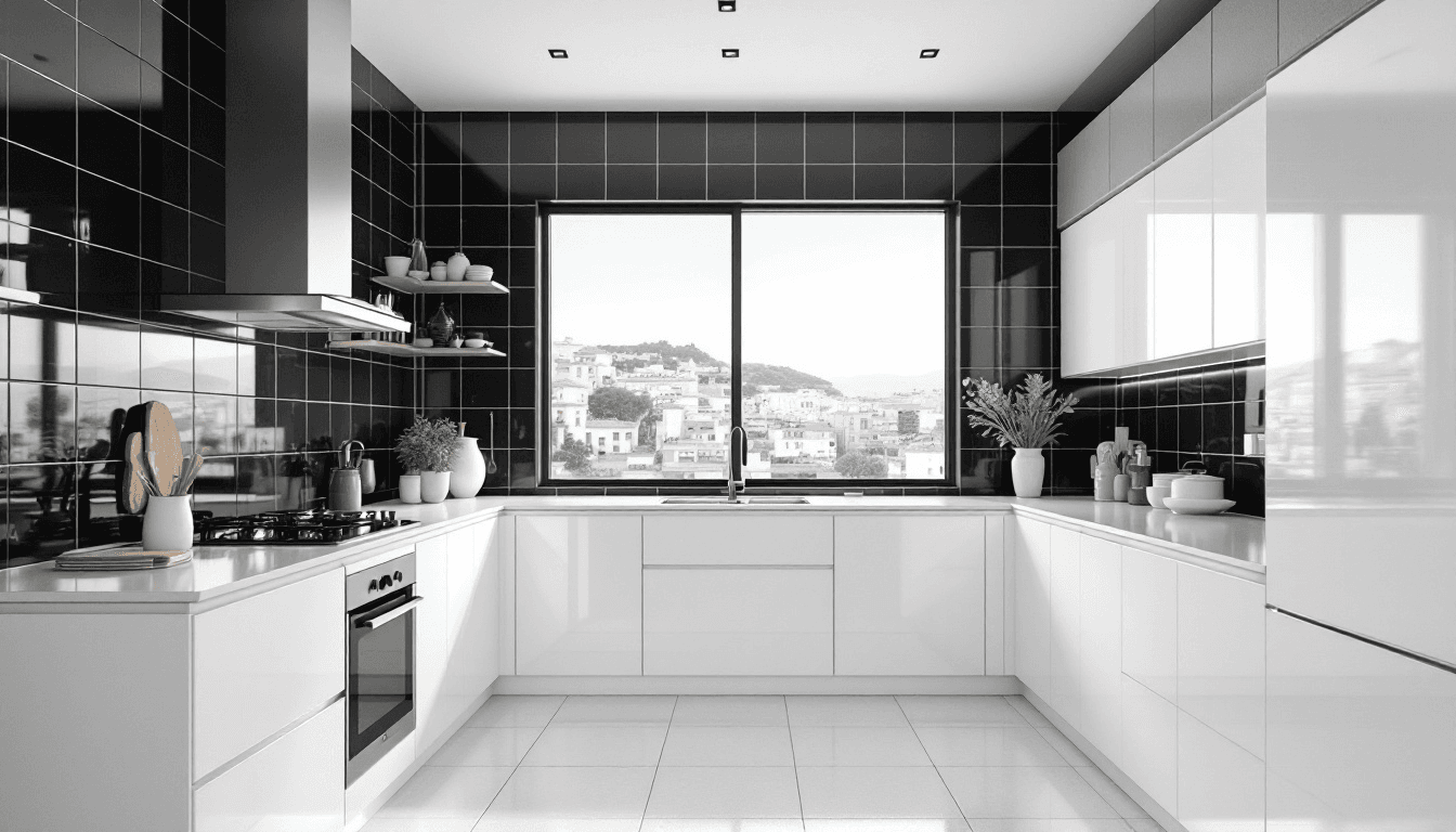 Realistic photography of a Scandinavian style kitchen. The kitchen has white, modern furniture. The kitchen walls are finished with dark glossy tiles. The kitchen has high ceilings and a wide window overlooking a city in southern Spain. Bright image, realistic photography, award-winning photography 