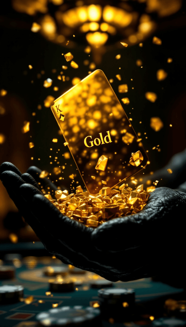 Gleaming golden card with "Gold" suspended mid-air above black-gloved hands, opulent casino backdrop blurred, epic movie moment, photorealistic cinema quality, backlit with rim lighting outlining card edges, deep gold against velvety blacks, ARRI ALEXA LF for large-format cinematography, 135mm telephoto for compressed perspective, vertical composition with card centered