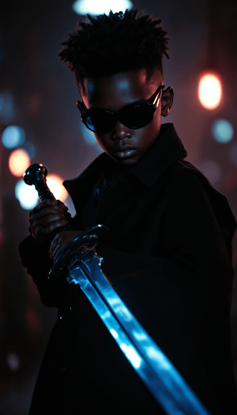 Superpanavision 70 film stock photo of a child black Blade from Marvel holding a silver sword. He is wearing a Black trench coat with body armour and black shades, Action shot at night. A still from a 70's Superhero TV Show. Cinematography by David Fincher. Ultra realistic.