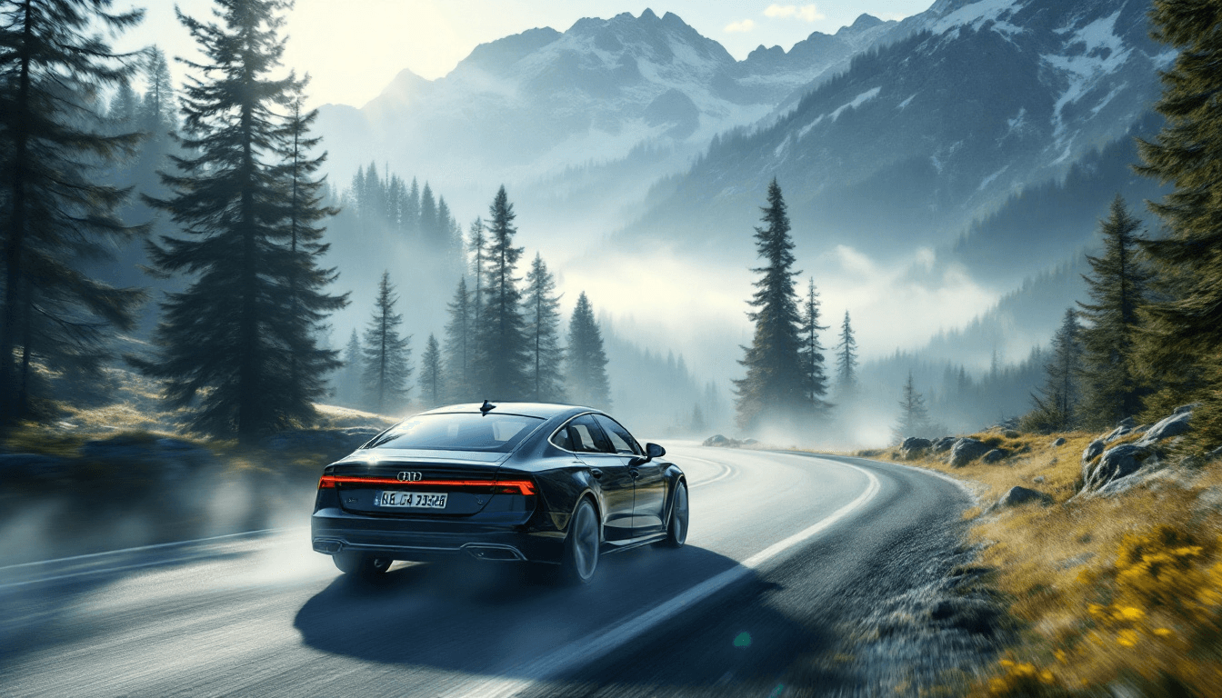 A 2025 new AUDI A7L speeding through winding roads in the Swiss Alps, surrounded by tall pine trees and a littlsnow-capped peaks, soft morning light highlighting crisp details, gentle mist rolling through the valley.hot on a Sony mirrorless camera, DSLR, 85mm lens f/8, ultra 8k 