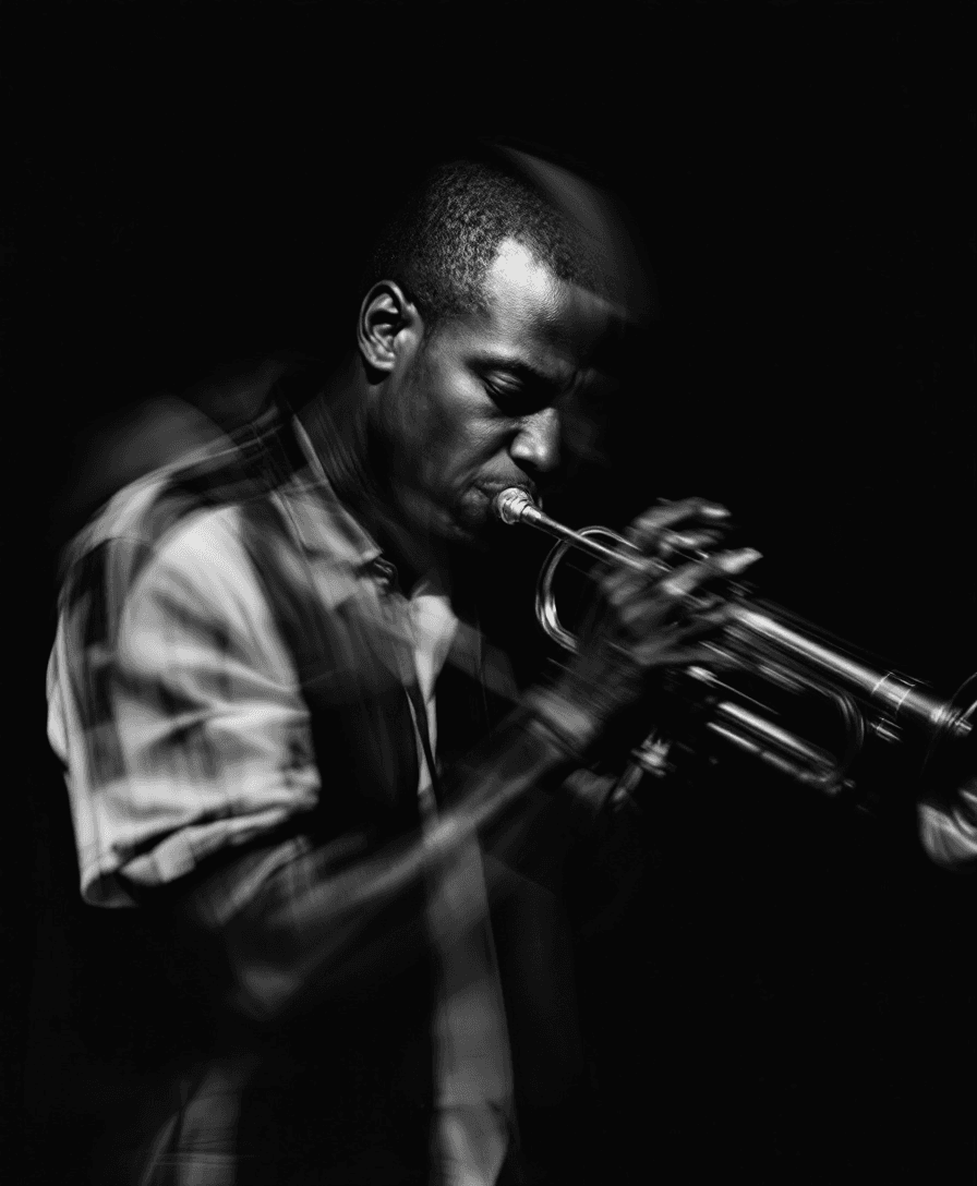 A Black jazz musician plays the trumpet, with a slow shutter speed against an intensely black background. Hyper-realistic, ghosting movement, blur, intentional camera movement, double exposure, black and white