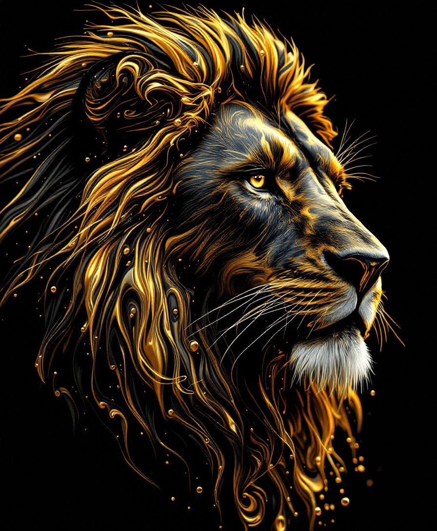 A male lion is made of black and gold liquid,golden swirls, dark background, hyper-realistic, highly detailed, volumetric lighting, in the style of Octane render,32kDigital oil painting, oil painting effects, oil painting descriptions 