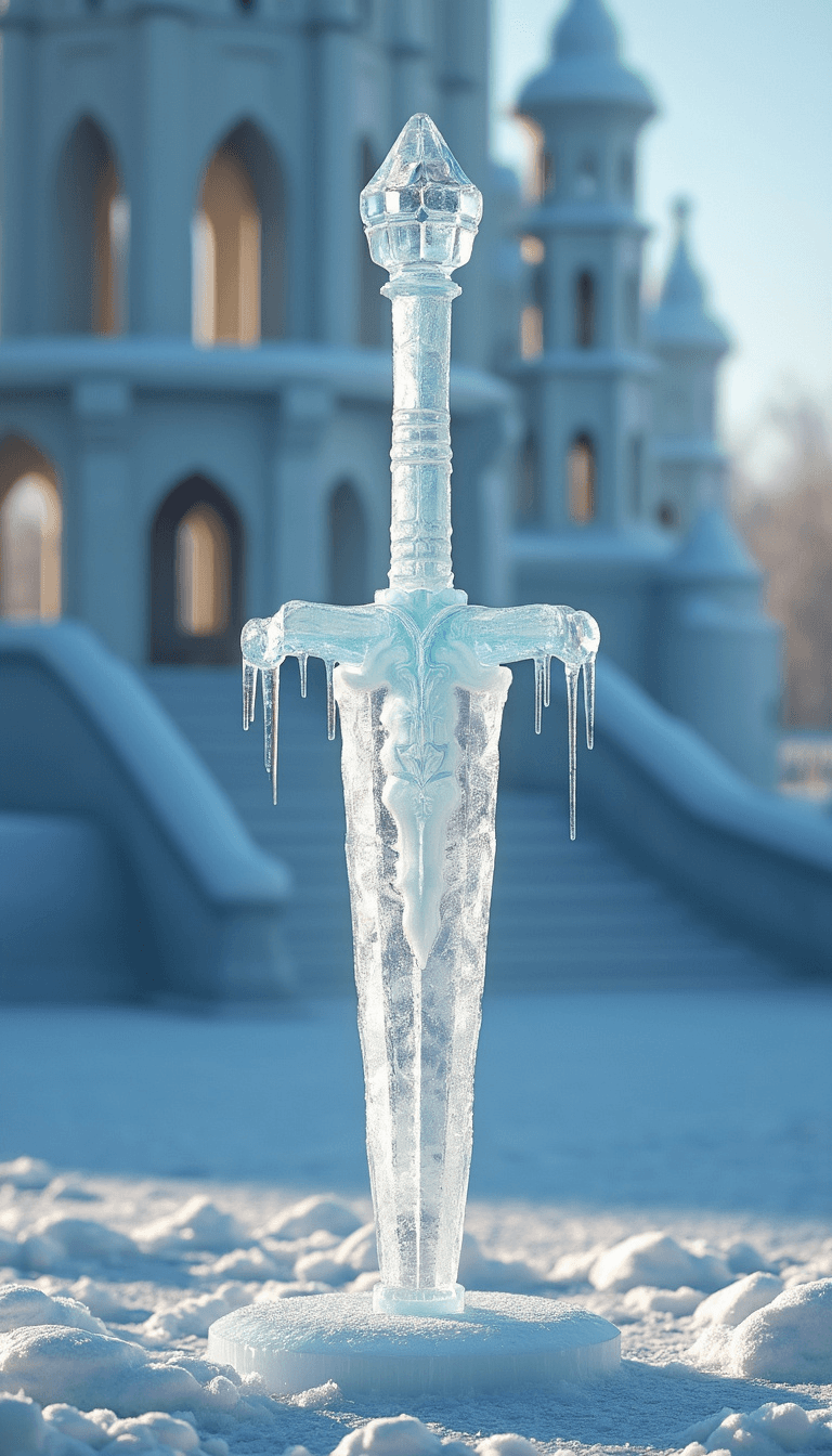 Knight's sword, Harbin Ice and Snow World, ice sculpture, front view, eye level Ice,Icy,3D rendering