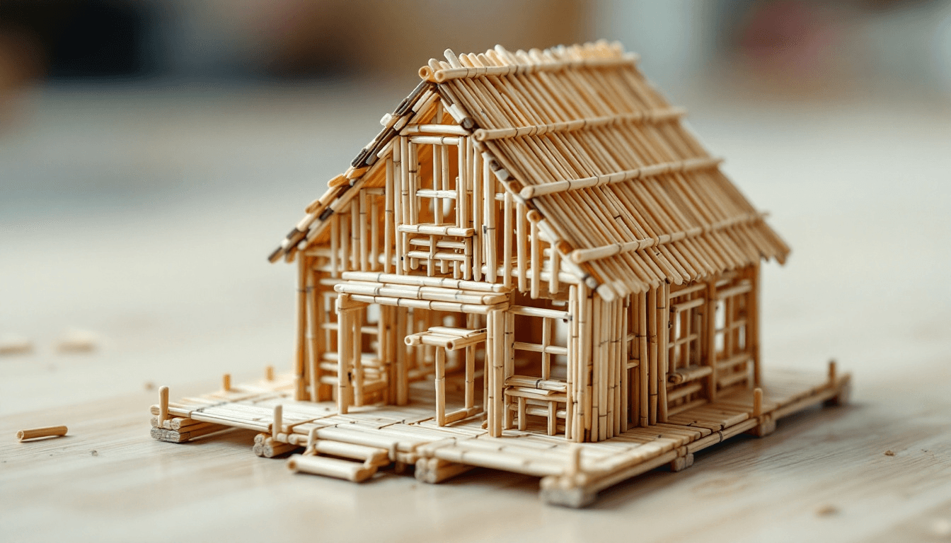 A house made of sticks, constructed from toothpicks, an architectural model.