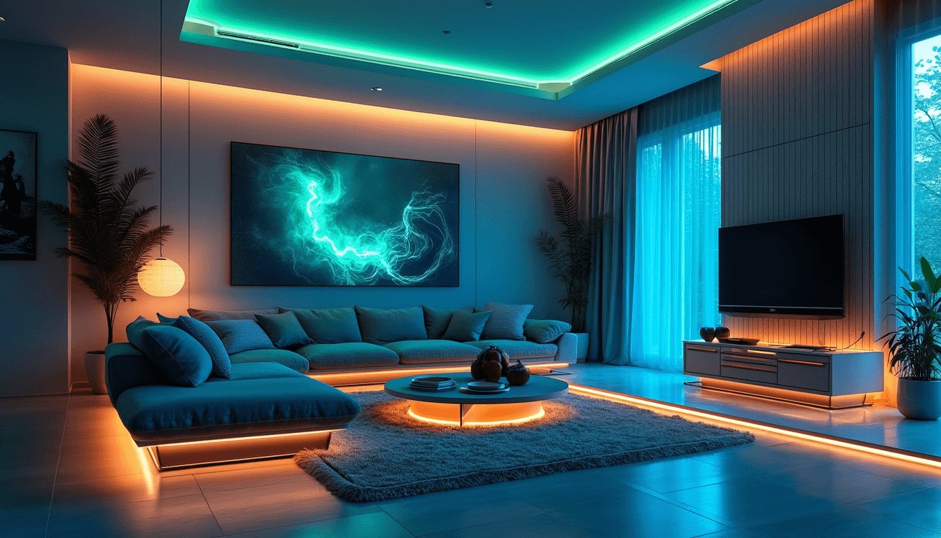 a modern living room with softly lit walls that shimmer in the dark with a phosphorescent interior design, furniture edges glowing in neon blue and green, and ambient light radiating from sleek décor pieces; a futuristic yet cozy atmosphere