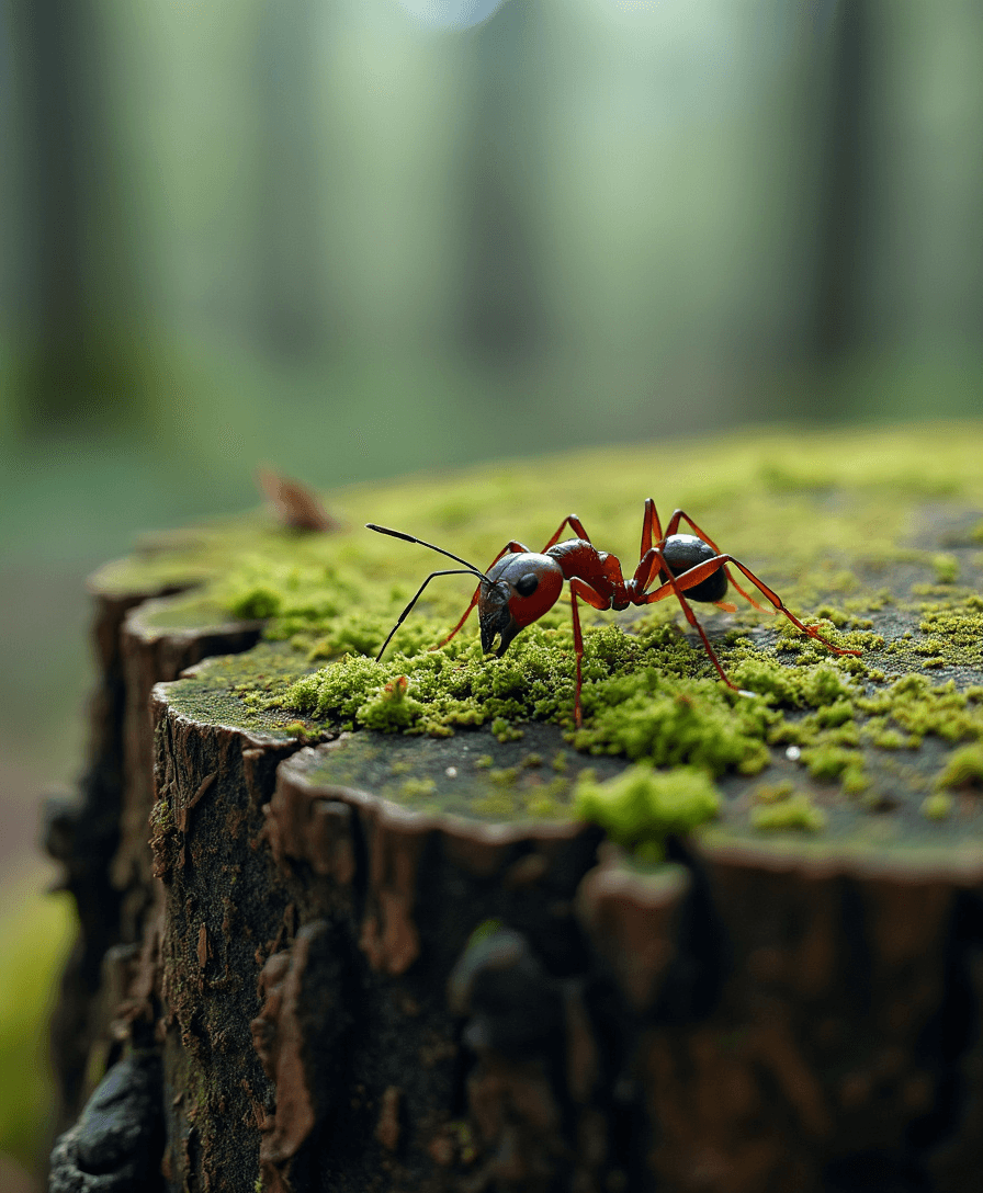 Close up of an ant crawling on a tree stump covered with moss, blurred forrest background, bokeh