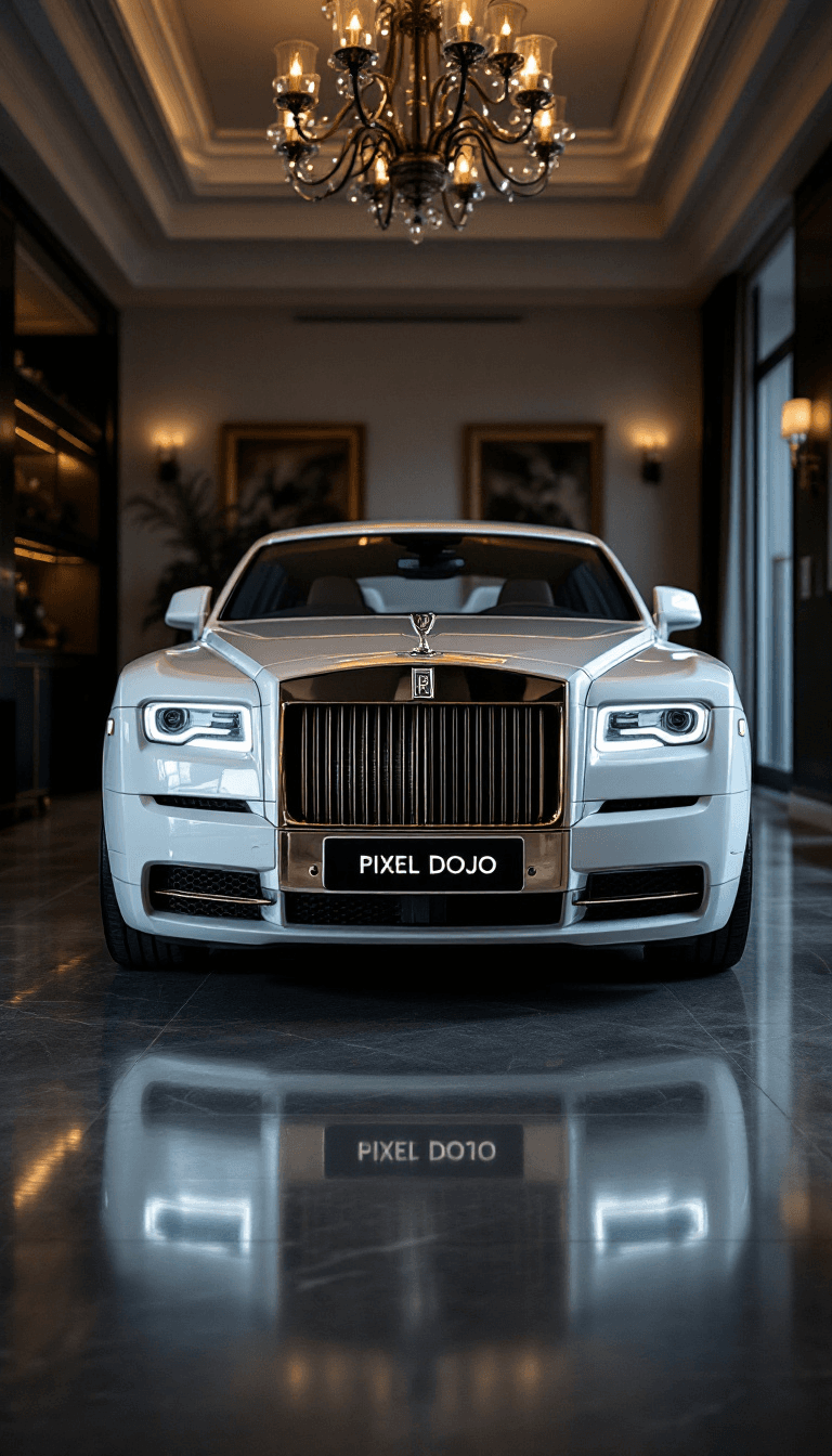 luxury interior of a house with white rolls royce in the room, black license plates with writing "PIXEL DOJO"