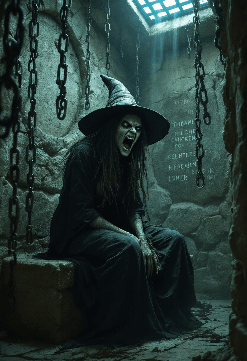 a grim scene with a scary witch sitting on a stone bench in a cell. The witch wears a typical witch's hat and a ragged, dark dress. Her face is greenish, her hair is long, disheveled and wild, and her expression is frightening. She seems to be screaming angrily. The setting is oppressive and threatening: thick chains float down from the walls and the room is built of old, weathered stones. Messages carved on the walls can be seen, suggesting desperation and imprisonment. A faint light falls through a grate from above and illuminates the witch, who, however, remains in a sinister aura. The overall impression of the picture is dark and eerie, almost as if the witch is waiting for her revenge or escape.