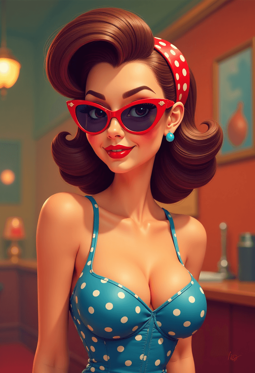 This image is a 3D rendered scene that captures a stylized female figure in a vibrant and dramatic setting. The art style is reminiscent of a pinup or burlesque aesthetic, with a focus on exaggerated curves and a playful, seductive pose. 3d cartoon girl, large eyes. This image is a stylized digital illustration that captures the essence of mid20th century American pinup art. The subject is a woman with a confident and alluring expression, her pose and attire suggesting a playful and flirtatious demeanor.The art style is reminiscent of the pop art movement, with its bold outlines, flat colors, and a clear sense of form. The medium appears to be digital painting, as evidenced by the smooth blending of colors and the lack of texture that might be present in traditional mediums like oil or watercolor.The colors are bright and vibrant, with a clear emphasis on the contrast between the subjects skin tone and the bold, primary colors of her outfit and accessories. The womans skin is a warm, peachy tone, while her hair is a rich, chestnut brown. Her outfit consists of a sleeveless, blue top adorned with white polka dots, which adds a playful touch to the overall composition.The subjects hair is styled in a voluminous bouffant, reminiscent of the hairstyles popular in the 1950s and 1960s. It is swept up into a voluminous curl at the top of her head, with strands softly framing her face and neck. A red headband with white polka dots is wrapped around her hair, tying it all together and adding a pop of color that complements her outfit.She wears cateye sunglasses with a red frame and white polka dots, which echo the pattern of her headband and top. The sunglasses are reflective, with a glossy finish that catches the light, adding depth to the illustration.The subject also wears a simple, round earring with a blue stone, which provides a subtle contrast to the red and white of her accessories.Overall, the image exudes a sense of nostalgia and charm, invoking the spirit of a bygone era of American culture.