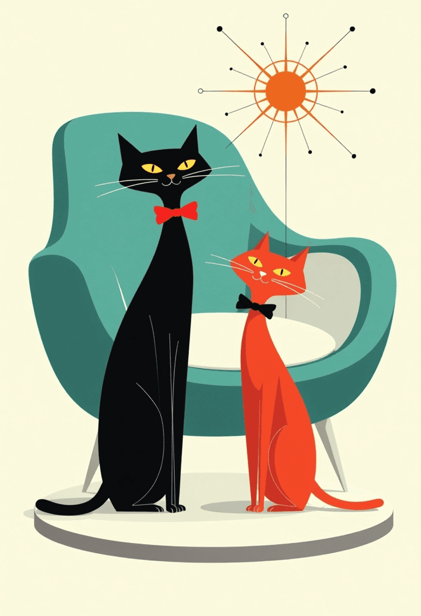 This image is a stylized and abstract representation of two cats, rendered in a midcentury modern art style. The medium appears to be digital, given the crisp lines and the clean, flat colors that are characteristic of contemporary graphic design.The cats are depicted with exaggerated, elongated features that are typical of the midcentury modern aesthetic. The black cat on the left has a prominent, angular face with yellow eyes and a red bow tie, which adds a pop of color to the otherwise monochromatic scheme. Its body is elongated and angular, with a long tail that curves upwards and a white stripe down its back. The cat on the right is a softer shade of red with a similar angular face and a black bow tie, and it has a more pronounced, rounded body shape.Both cats are standing on a white circular platform, and they are positioned in front of a large, curved teal shape that resembles a chair or a couch. This shape is outlined in black and has a white interior, which provides a stark contrast to the cats and the background.Above the cats, there is a stylized representation of a sunburst or atom, with a series of black lines radiating from a central orange circle, which is reminiscent of the atomic bomb symbol. This element adds a touch of surrealism to the image and could be interpreted as a playful nod to the scientific themes of the midcentury modern era.The background is a simple white, which serves to highlight the cats and the other elements in the image. The overall color palette is limited, with teal, black, white, and pops of red and orange, which gives the image a clean and sophisticated look.