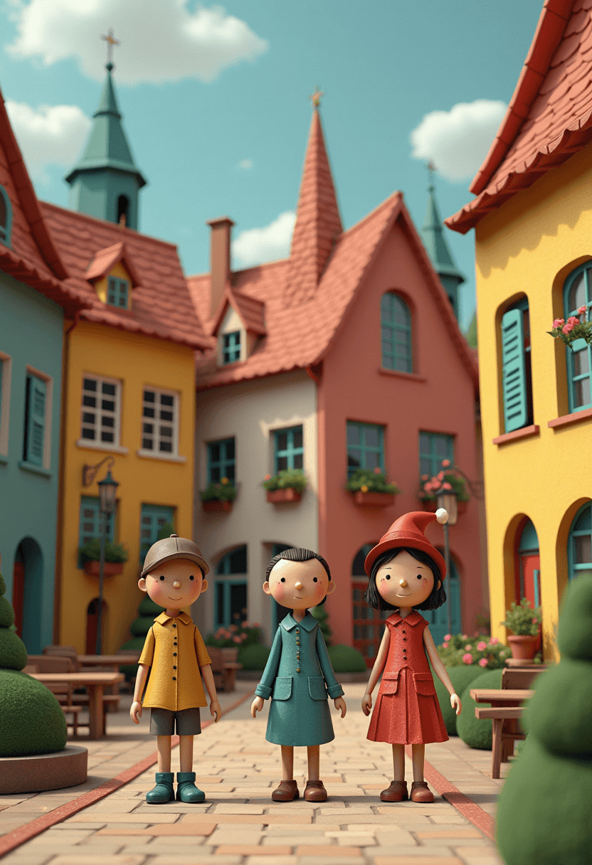 This 3d rendered image features simplified 3d characters and scenery that appears to be painted wooden figures or puppets without strings. Naïve art, outsider art, razzle dazzle, Mish mash of art styles, funk art. Picturesque scene of a row of historic buildings, likely in a European city, given the architectural style. 