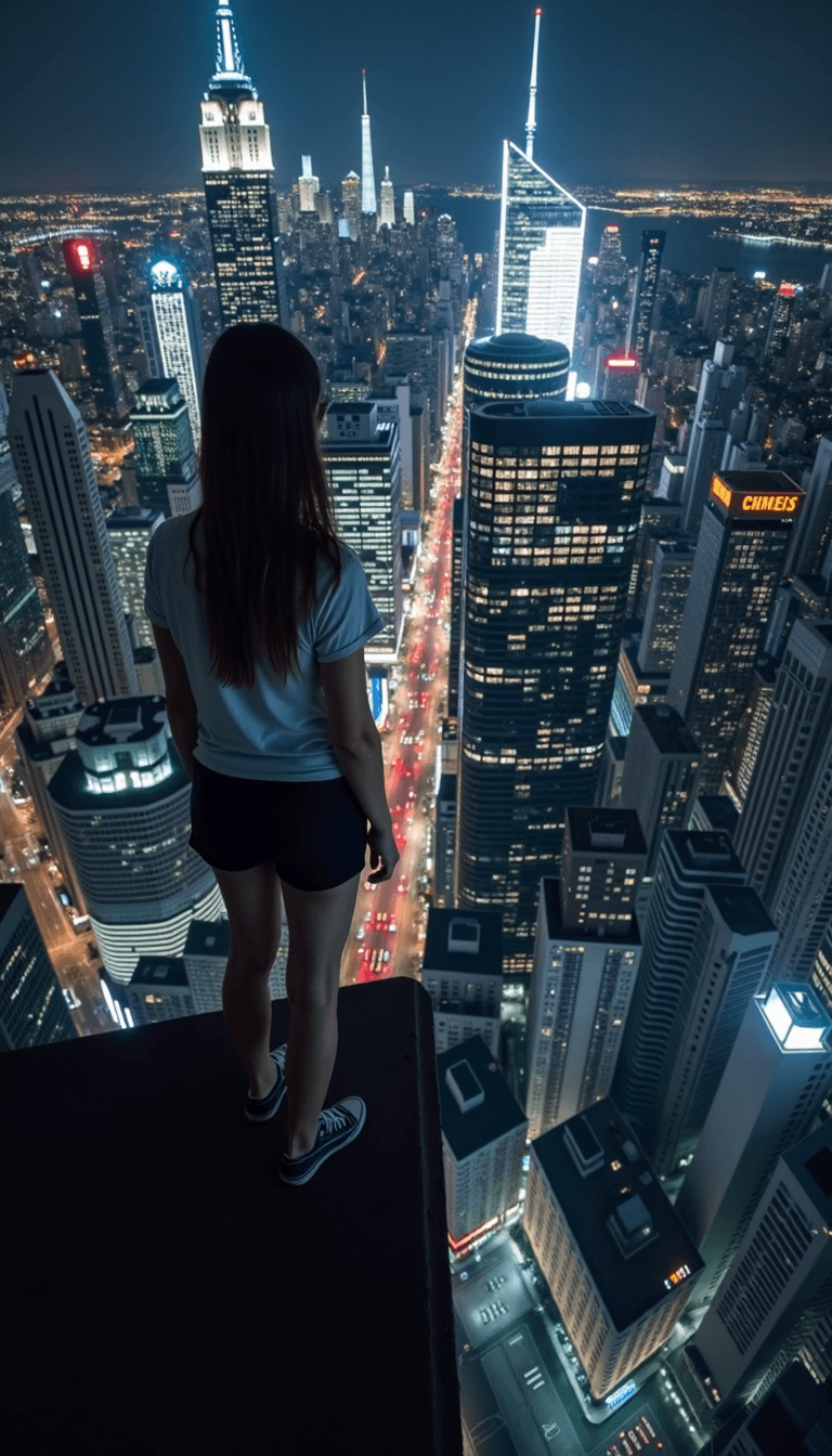 masterpiece, best quality, highres, sharp image, more detail <lora:more_details:0.5> <lora:SDXLrender_v2.0:1>, This image captures a nighttime urban skyline, viewed from a very high exaggerated vantage point. The perspective is that of a teenage girl standing on the edge of a building, looking down upon the city. The art style is a blend of realism and digital manipulation, as evidenced by the sharpness of the details and the lighting effects.The medium appears to be a digital composite, as the elements of the image are seamlessly blended together. The colors are rich and varied, with deep blues and blacks dominating the night sky, punctuated by the warm yellows and whites of the city lights. The contrast between the dark foreground and the brightly lit cityscape creates a dramatic effect.The objects in the image include the skyscrapers, which are the primary focus. They are illuminated from within, casting a warm glow that stands out against the cool darkness of the night. The city below is bustling with activity, as evidenced by the red and white lights of traffic. There are also some street lamps and signs visible, contributing to the urban atmosphere.The person in the foreground is dressed casually, in a white tshirt and black shorts, with white sneakers. They are standing on the edge of the building, with their back to the viewer, looking out over the city. The positioning of the person adds a human element to the scene, suggesting a moment of contemplation or awe.Overall, the image conveys a sense of grandeur and mystery, as well as a touch of danger and vulnerability, due to the precarious position of the person. It is a powerful depiction of the juxtaposition between the vastness of the city and the smallness of the individual within it.