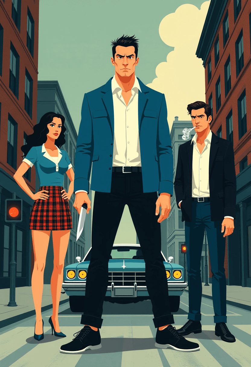 This image is a stylized illustration that features a group of characters against a cityscape. The art style is reminiscent of midcentury modern design, with its clean lines, geometric shapes, and use of bold, flat colors. The medium appears to be digital, given the crispness of the lines and the evenness of the color application.The colors in the image are primarily a limited palette of blues, blacks, grays, and touches of white and yellow. This choice of color gives the image a somewhat noir or retro feel. The characters are depicted with exaggerated features and a certain amount of caricature, which adds to the stylized nature of the artwork.In the foreground, there is a tall figure in the center, dressed in a blue jacket and black pants, with a white shirt underneath. This figure has a distinctive hairstyle, with a tuft of hair sticking up at the front. They are holding a knife in their right hand, which is raised slightly above their head. The figure has a stern expression on their face, with furrowed brows and a frown.To the left of the central figure, there is a shorter figure, wearing a blue top with a white collar and a plaid skirt. This figure has a confident pose, with one hand on their hip and the other extended outwards. They are also wearing high heels.To the right of the central figure, there is another figure, standing with their back to the viewer. This figure is wearing a black jacket over a white shirt, with rolledup sleeves. They have a cigarette dangling from their mouth, and there are smoke rings emanating from it.In the background, there is a cityscape with buildings, a car parked on the street, and a traffic signal. The buildings are depicted with a brick facade, and the car has a classic design with rounded headlights and a prominent grille.Overall, the image conveys a sense of urban grit and tension, with the characters appearing to be involved in some sort of confrontation or standoff. The use of color and exaggerated features adds to the dramatic effect of the scene.