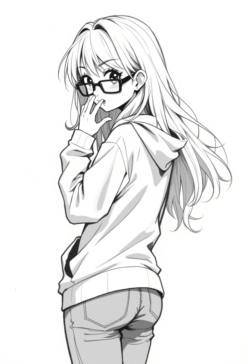 anime, (low contrast), sketch style image from behind of a middle age woman, long (blonde hair), wearing glasses with thick frame, wearing casual hoodie, wearing jeans, looking back at viewer, cartoonish facial features, open mouth, impressed expression, hand covering mouth in shock, perfect eyes, detailed face, cute butt, pencil sketch, graphite shading, charcoal lines