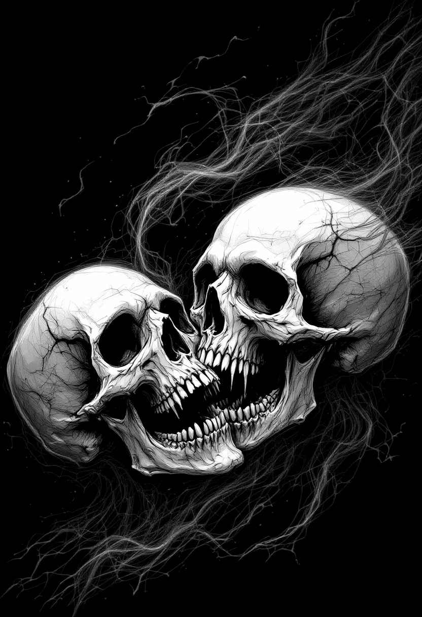 A black-and-white illustration of two ghostly, skeletal figures with their skulls screaming. The skulls have detailed, jagged teeth and eerie, decayed textures. One skull is positioned slightly behind the other, and their forms blend into one another. Wispy, web-like textures extend from the skulls, fading into the darkness. The entire scene is placed on a solid black background, enhancing the eerie, supernatural effect. The illustration has intricate shading to add depth and realism. The lighting and shadows are DSLR professionally lit by a single mysterious light, casting dramatic shadows on their delicate features.