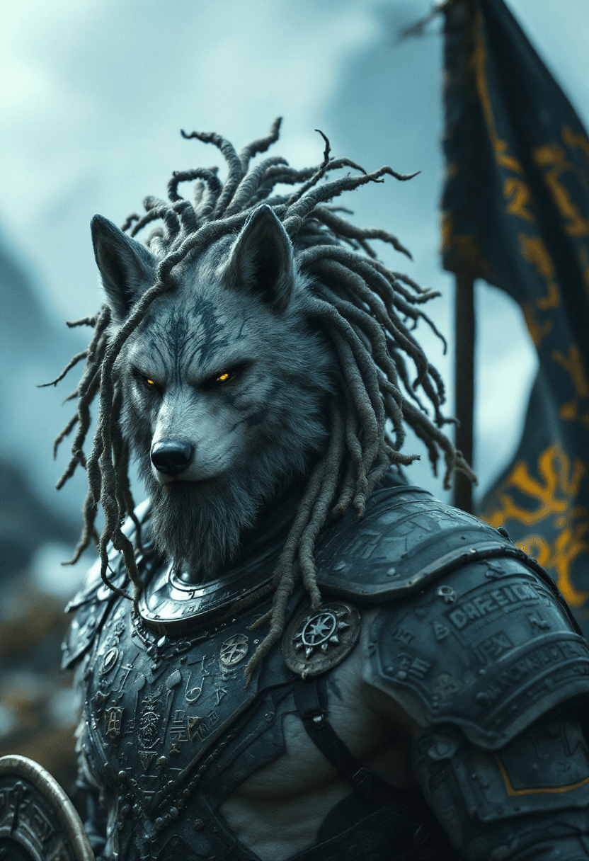 A cinematic medium shot of a cyberpunk dark fantasy image of a hybrid creature with the head and face of a wolf. The creature has a strong aura of power, nobility, and mystery, as if it were an ancient warrior from a lost civilization. The creature's head has wolf-like features, a beard, and dreadlocks that fuse with its body. The dreadlocks cover its shoulders, arms, and back. The creature has a muscular, slender, and well-defined body, covered in visible tattoos, piercings, and scars. It wears a minimal futuristic Viking armor that covers its chest and shoulders with ancient inscriptions and incisions, and symbols that recall the ancient Viking civilization. The creature also wears flowing garments and wields a sword and shield. In the background, the standard of its clan can be seen.