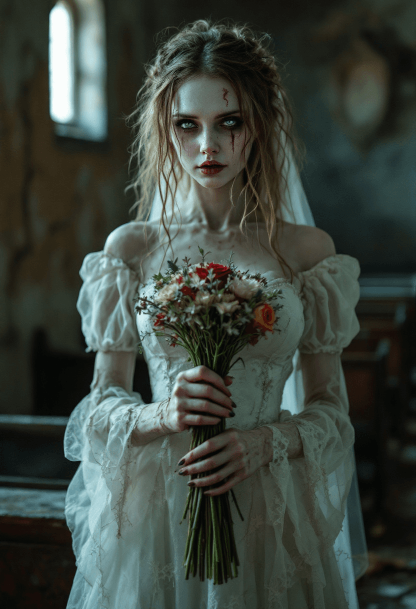 A close-up shot of a ghostly bride with a pale and translucent skin, wearing a decaying wedding dress and holding a wilted bouquet of flowers. She has long, tangled hair. The bride is standing in a dark, abandoned chapel with cracked walls and old pews. The atmosphere is eerie and haunting. The lighting and shadows create a vibrant atmosphere. The close-up shot captures the intricate details of her facial features. The high-contrast lighting accentuates her eyes. The professional DSLR lighting and shadows masterfully combine light and shadow, emphasizing her features and contrasting colors. The natural lighting and sharp focus give the image a cinematic quality, immersing the viewer in the scene. The artist's skill in manipulating light and shadow demonstrates their exceptional talent in creating a visually stunning and captivating image that reflects their distinct artistic vision.