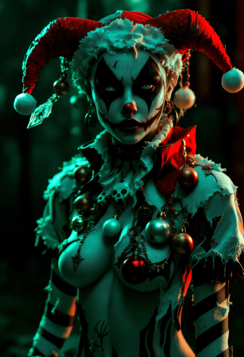 A 3D render of a dark Christmas punk and jestercore aesthetic. The model has light eyes and is wearing a mix of gothic and festive makeup, including black and white stripes, a red nose hat, and a twisted Santa Claus-inspired design. The model's body is highlighted by a tattered verde neon vibrant and white bodysuit, adorned with various ornaments and a jester-shaped collar. The dimly lit background adds to the mysterious and sensual atmosphere, while the model's intriguing appearance creates a breathtaking work of art.