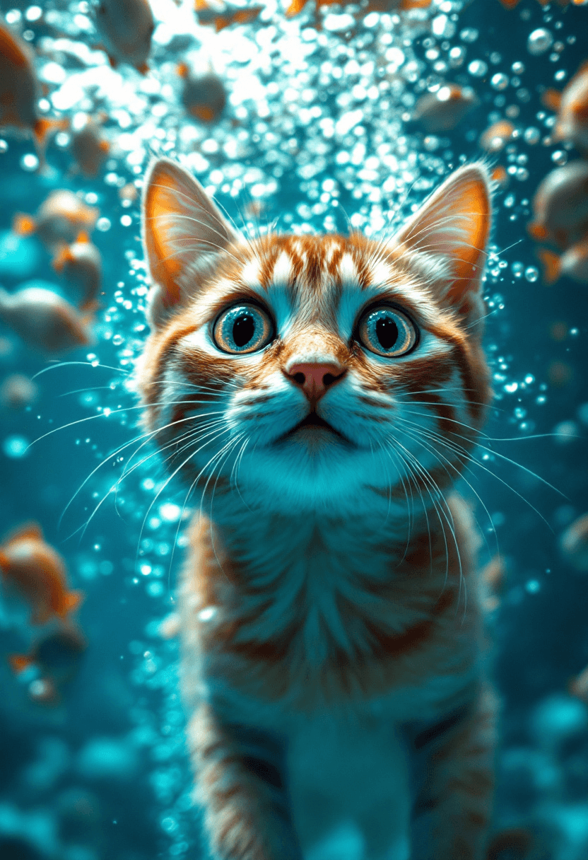 A cinematic shot of a cat diving headfirst into the water. The cat's eyes are wide with surprise, and its fur is rendered with incredible detail and textural depth. The surrounding water is teeming with panicked fish, their scales glistening in the beautiful, natural light that filters through the water's surface. The post-processing enhances the overall visual impact, emphasizing the cat's expressions and the underwater world's beauty. The lighting and shadows create a vibrant atmosphere. The close-up shot captures the intricate details of the cat's facial features. The high-contrast lighting emphasizes the cat's eyes.