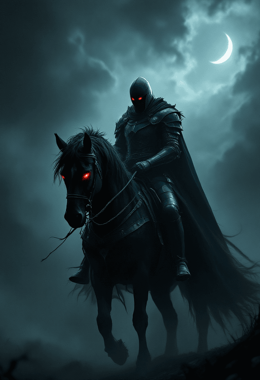 A cinematic medium shot of a shadow knight illuminated by a faint, eerie light. The knight, clad in dark armor and donning a menacing helmet, stands tall on his pitch-black steed. The horse's eyes glow with a sinister red light, and its mane and tail whip around in the darkness. The background reveals an imposing stormy landscape with ominous clouds and a haunting sliver of the moon.