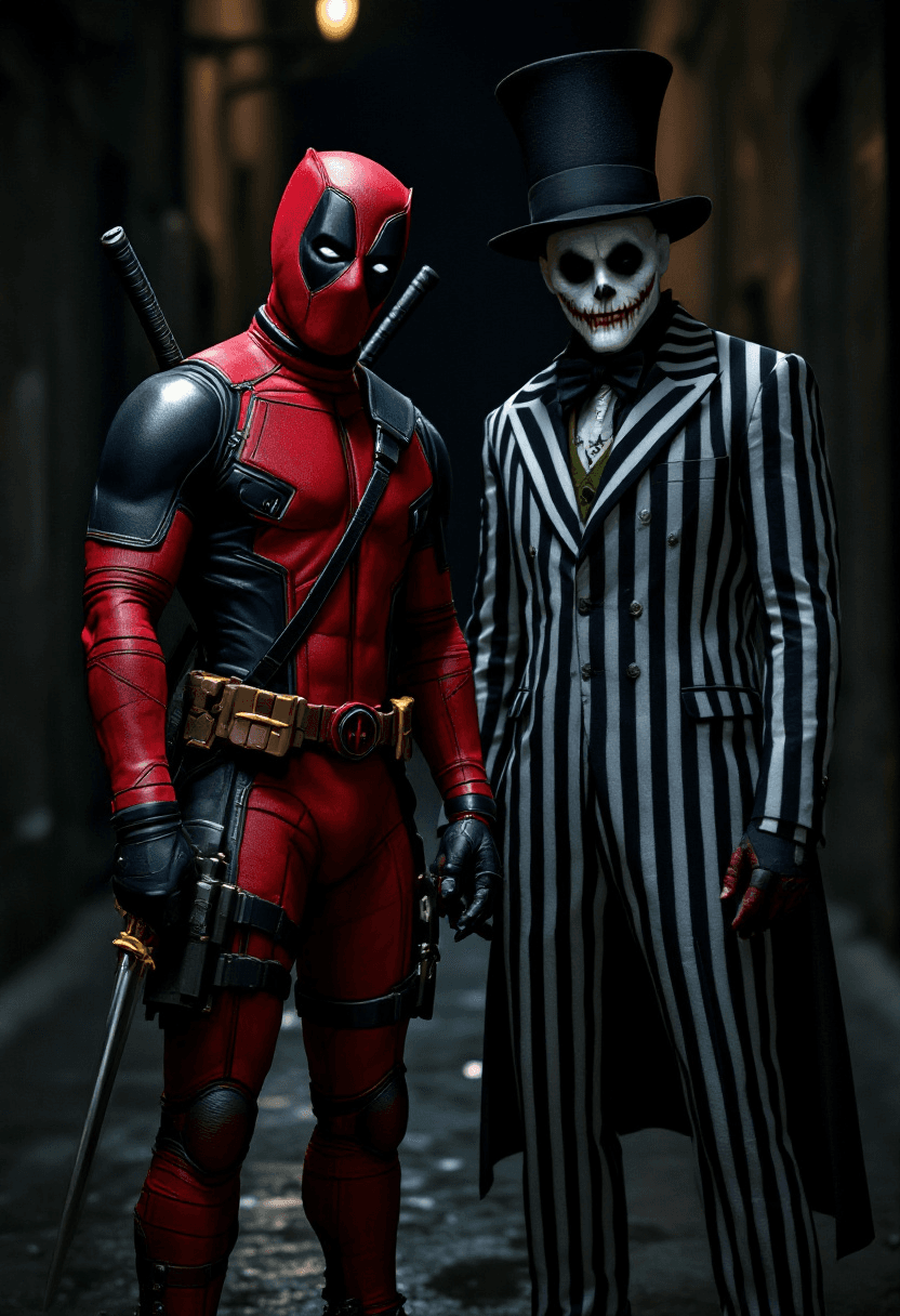 A cinematic medium shot of Deadpool and Beetlejuice standing side by side. Deadpool is wearing his signature red and black suit and mask, with two large swords. Beetlejuice is wearing his signature striped suit and tall black hat. The background is a dark alley.