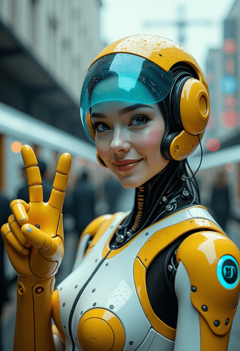 A hyper-realistic image of a female AI robot standing at a train station, facing the viewer, smiling, with water droplets visible on the surface. She has cybernetic enhancements, wearing a futuristic helmet with a transparent cerulean blue visor, intricate mechanical details around the head and neck, visible yellow wiring or circuitry, and glossy yellow gloves, making the peace symbol. The background is filled with blurred figures suggesting a busy urban environment, possibly a street scene, setting is a dark and overcast day. Rendered in the CryEngine style, reminiscent of Pegi Nicol MacLeod's realistic genre scenes, with a narrative that is hauntingly beautiful, executed with ultra-realism akin to Thomas Saliot, and presented in a close-up view.