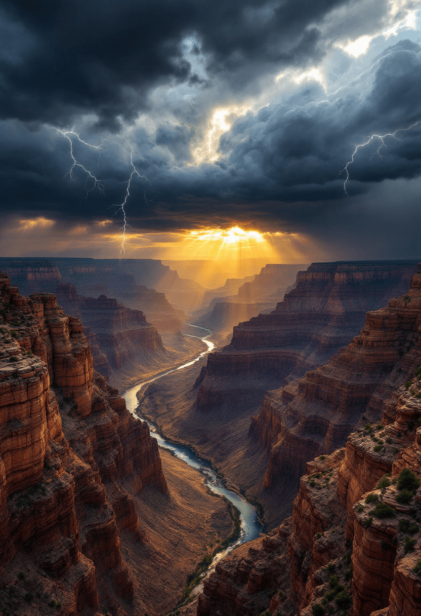 This image captures a breathtaking and dynamic scene of the Grand Canyon under a stormy sky. The art style is a blend of realism and dramatic effect, with a focus on the interplay of light and shadow, and the textural details of the canyon walls and the swirling clouds.The medium appears to be a highresolution photograph, possibly taken from an elevated perspective to provide a panoramic view of the canyon. The colors are rich and vibrant, with the deep reds and browns of the canyon walls contrasting against the dark, brooding grays of the storm clouds. The golden light breaking through the clouds adds a warm, luminous quality to the scene, creating a dramatic and almost ethereal effect.The objects in the image are the iconic red rock formations of the Grand Canyon, with their layered and rugged textures. The Colorado River snakes through the canyon, its greenishblue waters cutting a sharp contrast against the surrounding earth tones. Above, the storm clouds are depicted with a sense of movement and power, with rain streaking down and lightning bolts illuminating the sky. The suns rays break through the clouds in places, creating a shimmering effect on the canyon walls and highlighting the textures and contours of the landscape.Overall, the image conveys a sense of awe and the sublime power of nature, with a dramatic and almost cinematic quality that draws the viewer into the scene.