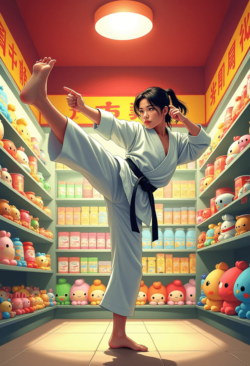 This image captures a dynamic and vibrant scene of a person dressed in a traditional white karate gi with a black belt, performing a high side kick. The karatekas hair is tied back in a ponytail, and their focused expression and the precise execution of the martial arts move convey discipline and skill. The background is a brightly lit convenience store filled with colorful merchandise, including plush toys and snacks, which contrasts sharply with the disciplined posture of the karateka. The red ceiling and walls of the store are adorned with Chinese characters, contributing to the cultural ambiance of the setting.The art style of the image is realistic with a touch of stylization, emphasizing the action and the sharp contrast between the subject and the background. The medium appears to be a photograph, given the clarity and detail in the image. The colors are bold and saturated, with the white of the karate gi standing out against the reds and yellows of the store interior and the multicolored merchandise. The lighting in the store is artificial, casting a warm glow that highlights the subject and creates a lively atmosphere. The objects in the image are numerous, from the shelves stocked with goods to the plush toys on display, all contributing to the busy and energetic environment of the convenience store.