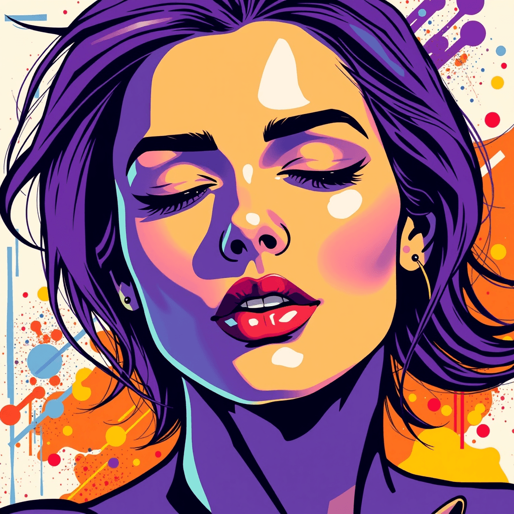 This image is a stylized digital illustration that features a closeup portrait of a woman. The art style is reminiscent of pop art with a touch of street art influence, characterized by its bold outlines, flat colors, and graphic nature. The medium appears to be digital painting, as evidenced by the clean lines and the absence of brush strokes.The colors are vibrant and saturated, with a predominance of purples, blues, yellows, and reds. These colors are applied in a way that creates a sense of depth and dimension, with the use of shadow and highlights that give the subject a threedimensional appearance. The background is abstract and composed of geometric shapes and splashes of paint, which complement the subject and add to the overall dynamic feel of the piece.The woman in the image is depicted with her eyes closed and her mouth slightly open, as if she is in a moment of introspection or relaxation. Her hair flows freely and is colored in a gradient of purples and blues, which adds to the overall cool and edgy vibe of the artwork. The lines that define her hair and facial features are crisp and angular, contributing to the graphic nature of the illustration.Overall, the image exudes a sense of modernity and urban energy, with a strong emphasis on color and form. It is a visually striking piece that captures the viewers attention through its bold and expressive style.
