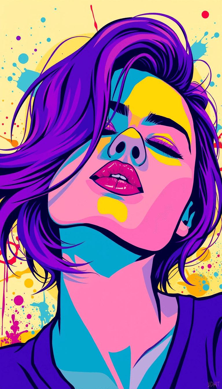 This image is a stylized digital illustration that features a closeup portrait of a woman. The art style is reminiscent of pop art with a touch of street art influence, characterized by its bold outlines, flat colors, and graphic nature. The medium appears to be digital painting, as evidenced by the clean lines and the absence of brush strokes.The colors are vibrant and saturated, with a predominance of purples, blues, yellows, and reds. These colors are applied in a way that creates a sense of depth and dimension, with the use of shadow and highlights that give the subject a threedimensional appearance. The background is abstract and composed of geometric shapes and splashes of paint, which complement the subject and add to the overall dynamic feel of the piece.The woman in the image is depicted with her eyes closed and her mouth slightly open, as if she is in a moment of introspection or relaxation. Her hair flows freely and is colored in a gradient of purples and blues, which adds to the overall cool and edgy vibe of the artwork. The lines that define her hair and facial features are crisp and angular, contributing to the graphic nature of the illustration.Overall, the image exudes a sense of modernity and urban energy, with a strong emphasis on color and form. It is a visually striking piece that captures the viewers attention through its bold and expressive style.
