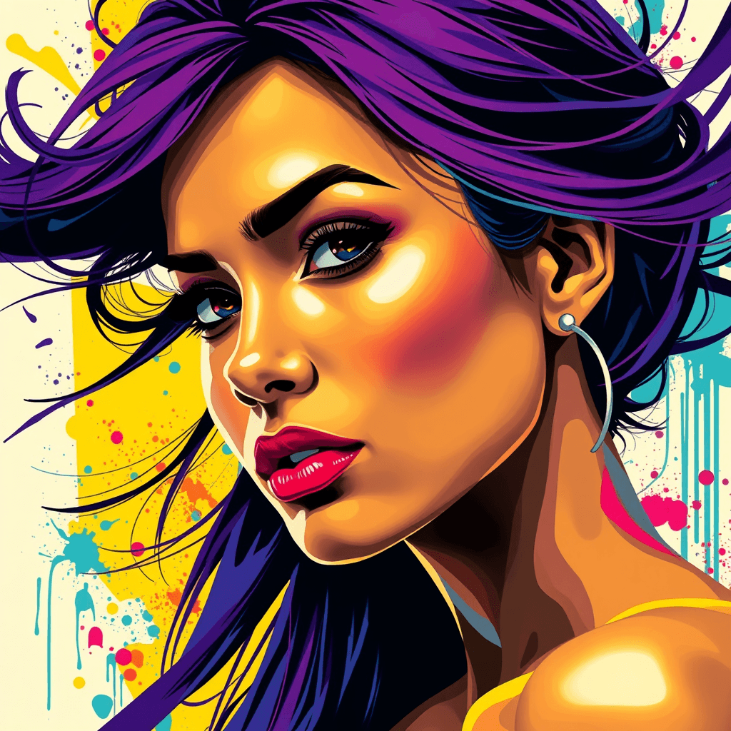 Digital illustration.
Closeup portrait of a woman. 
Street Pop Art.
The colors are vibrant and saturated, with a predominance of purples, blues, yellows, and reds. 
The background is abstract and composed of geometric shapes and splashes of paint, which complement the subject and add to the overall dynamic feel of the piece.
Her hair flows freely and is colored in a gradient of purples and blues. 
Exudes a sense of modernity and urban energy, with a strong emphasis on color and form. 
Bold and expressive style.