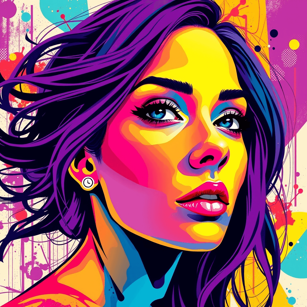 Digital illustration.
Closeup portrait of a woman. 
Street Pop Art.
The colors are vibrant and saturated, with a predominance of purples, blues, yellows, and reds. 
The background is abstract and composed of geometric shapes and splashes of paint, which complement the subject and add to the overall dynamic feel of the piece.
Her hair flows freely and is colored in a gradient of purples and blues. 
Exudes a sense of modernity and urban energy, with a strong emphasis on color and form. 
Bold and expressive style.