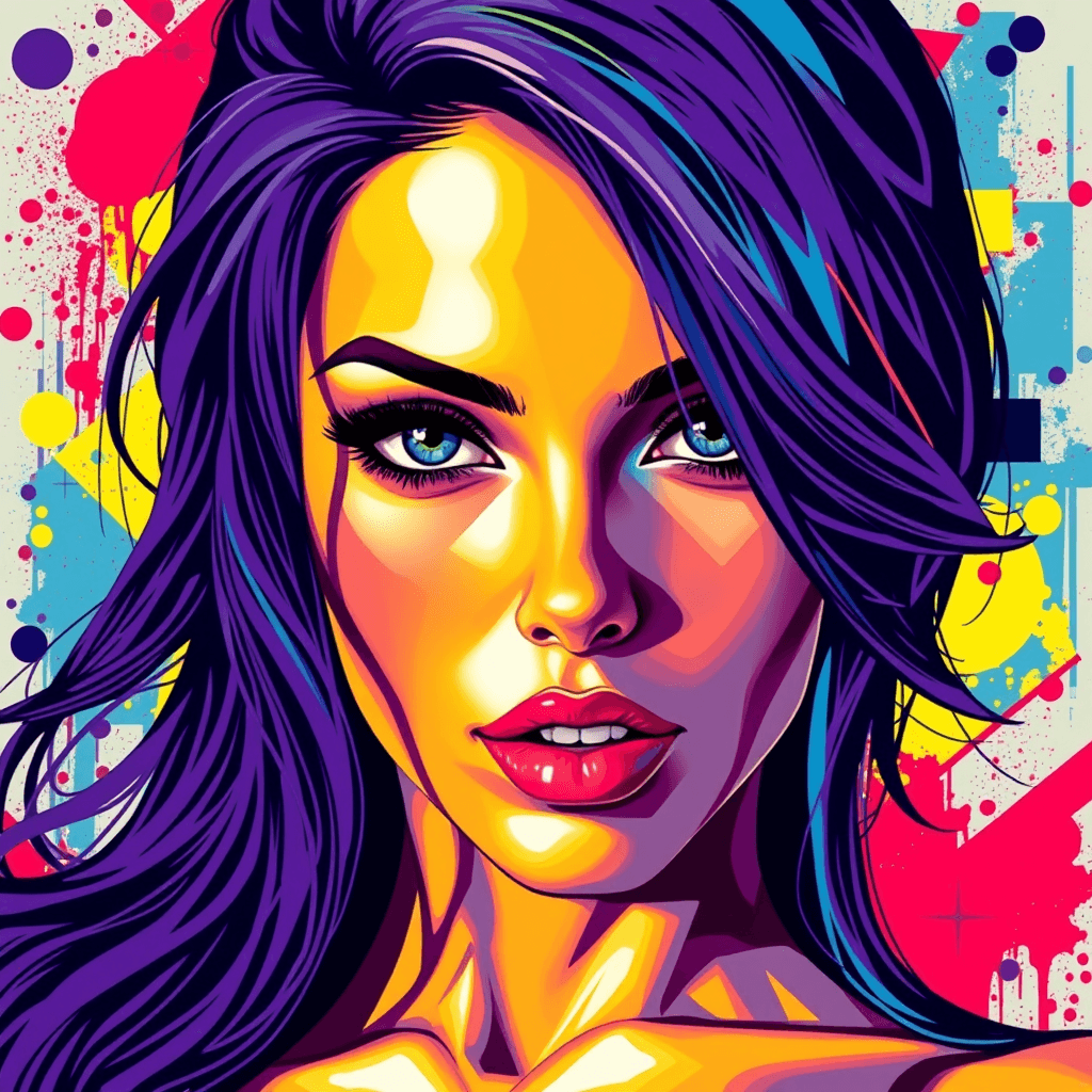 Digital illustration.
Closeup portrait of a sexy woman. 
Street Pop Art.
The colors are vibrant and saturated, with a predominance of purples, blues, yellows, and reds. 
The background is abstract and composed of geometric shapes and splashes of paint, which complement the subject and add to the overall dynamic feel of the piece.
Her hair flows freely and is colored in a gradient of purples and blues. 
Exudes a sense of modernity and urban energy, with a strong emphasis on color and form. 
Bold and expressive style.