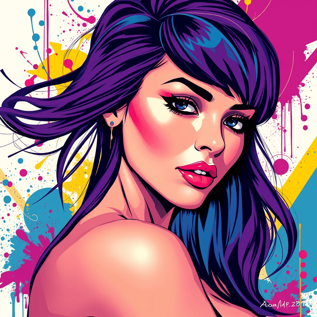 Digital illustration.
Closeup portrait of a sexy woman. 
Street Pop Art.
The colors are vibrant and saturated, with a predominance of purples, blues, yellows, and reds. 
The background is abstract and composed of geometric shapes and splashes of paint, which complement the subject and add to the overall dynamic feel of the piece.
Her hair flows freely and is colored in a gradient of purples and blues. 
Exudes a sense of modernity and urban energy, with a strong emphasis on color and form. 
Bold and expressive style.