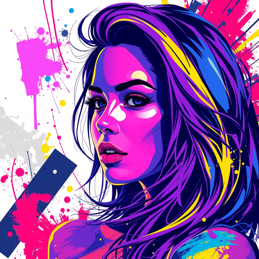 Digital illustration.
Closeup portrait of a gorgeous woman. 
Street Pop Art.
The colors are vibrant and saturated, with a predominance of purples, blues, yellows, and reds. 
The background is abstract and composed of geometric shapes and splashes of paint, which complement the subject and add to the overall dynamic feel of the piece.
Her hair flows freely and is colored in a gradient of purples and blues. 
Exudes a sense of modernity and urban energy, with a strong emphasis on color and form. 
Bold and expressive style.