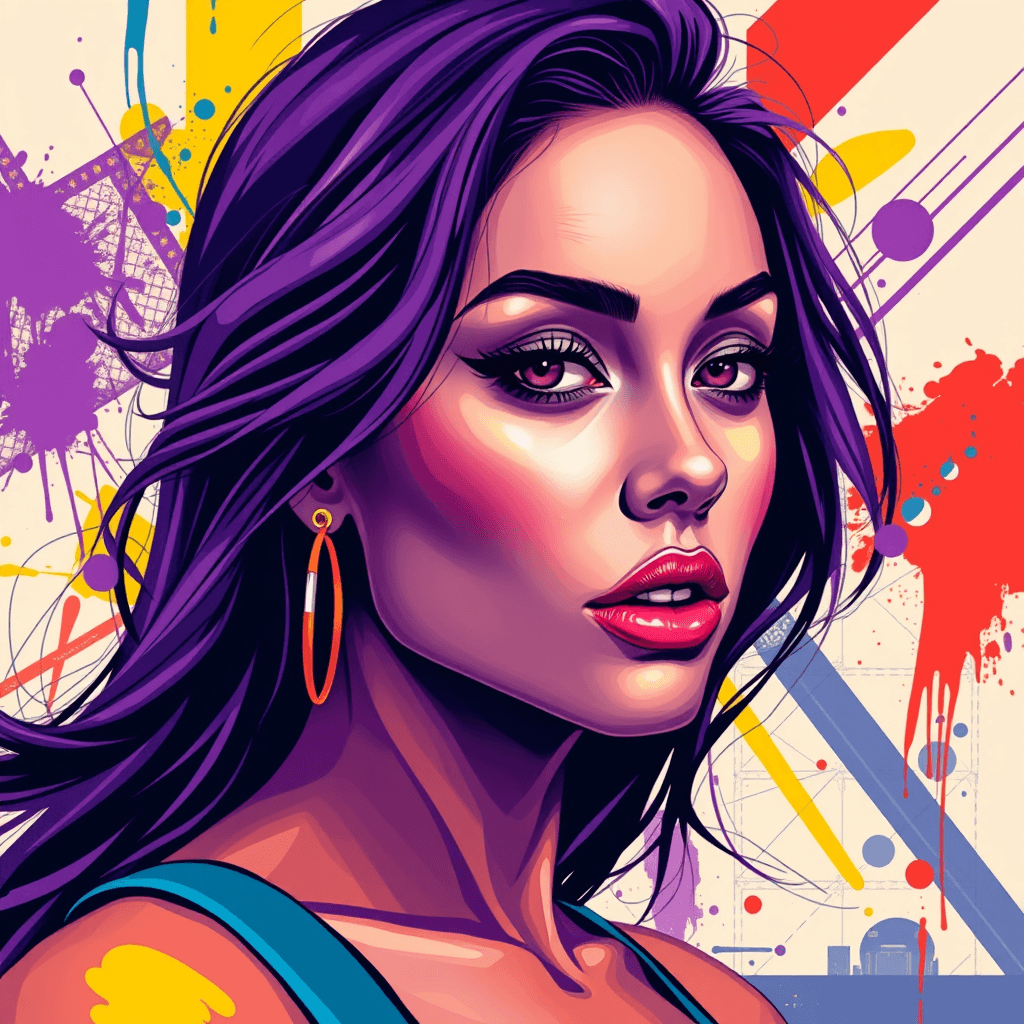 Digital illustration.
Closeup portrait of a gorgeous woman. 
Street Pop Art.
The colors are vibrant and saturated, with a predominance of purples, blues, yellows, and reds. 
The background is abstract and composed of geometric shapes and splashes of paint, which complement the subject and add to the overall dynamic feel of the piece.
Her hair flows freely and is colored in a gradient of purples and blues. 
Exudes a sense of modernity and urban energy, with a strong emphasis on color and form. 
Bold and expressive style.