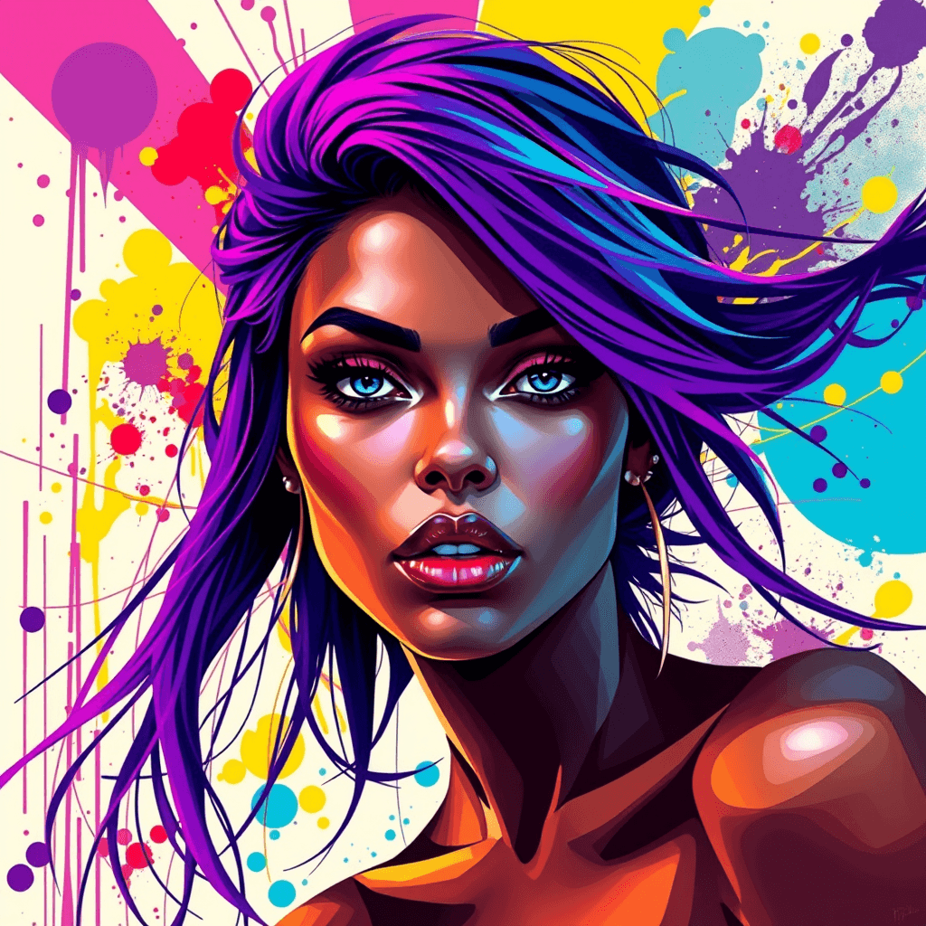 Digital illustration.
Closeup portrait of a exotic woman. 
Street Pop Art.
The colors are vibrant and saturated, with a predominance of purples, blues, yellows, and reds. 
The background is abstract and composed of geometric shapes and splashes of paint, which complement the subject and add to the overall dynamic feel of the piece.
Her hair flows freely and is colored in a gradient of purples and blues. 
Exudes a sense of modernity and urban energy, with a strong emphasis on color and form. 
Bold and expressive style.