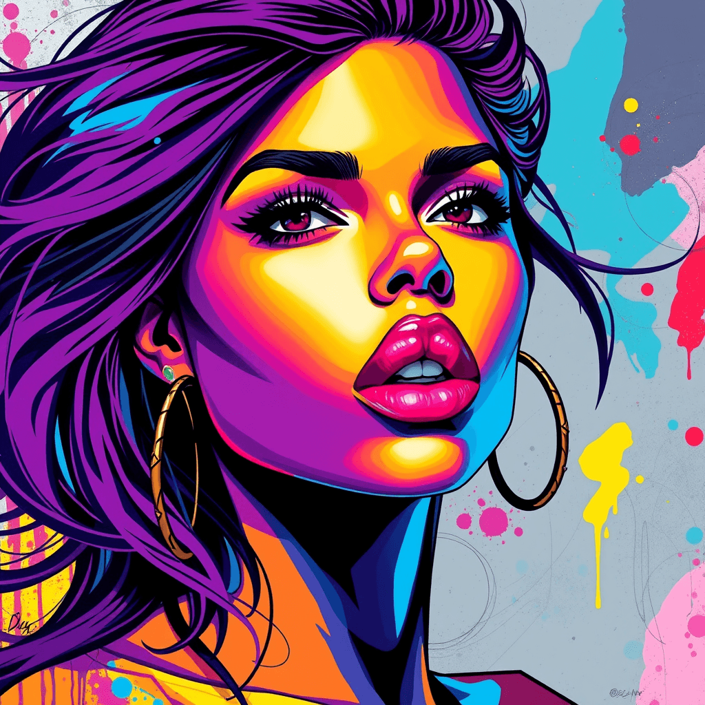 Digital illustration.
Closeup portrait of a exotic woman. 
Street Pop Art.
The colors are vibrant and saturated, with a predominance of purples, blues, yellows, and reds. 
The background is abstract and composed of geometric shapes and splashes of paint, which complement the subject and add to the overall dynamic feel of the piece.
Her hair flows freely and is colored in a gradient of purples and blues. 
Exudes a sense of modernity and urban energy, with a strong emphasis on color and form. 
Bold and expressive style.