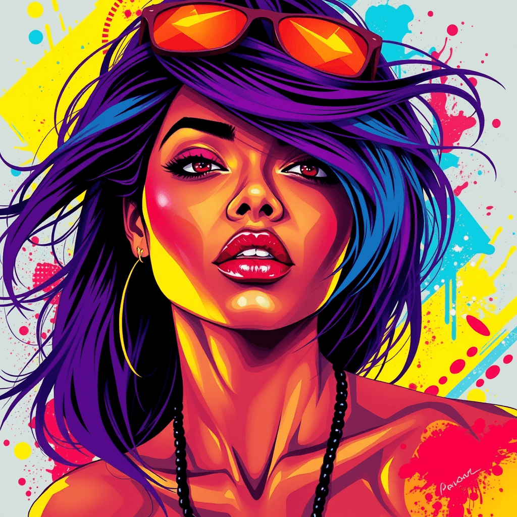 Digital illustration.
Closeup portrait of a exotic woman. 
Street Pop Art.
The colors are vibrant and saturated, with a predominance of purples, blues, yellows, and reds. 
The background is abstract and composed of geometric shapes and splashes of paint, which complement the subject and add to the overall dynamic feel of the piece.
Her hair flows freely and is colored in a gradient of purples and blues. 
Exudes a sense of modernity and urban energy, with a strong emphasis on color and form. 
Bold and expressive style.