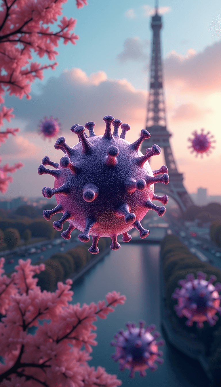 This image is a digital artwork that depicts a closeup of a shiny reflective, transparent virus cell floating in the foreground against a blurred Paris backdrop. The virus cell is the focal point of the image, with intricate details that suggest its microscopic nature. The cell is spherical with a smooth transparent jelly surface, and it is adorned with numerous spikes that protrude outward, giving it a somewhat menacing appearance. The background is filled with similar ojects of varying colors.