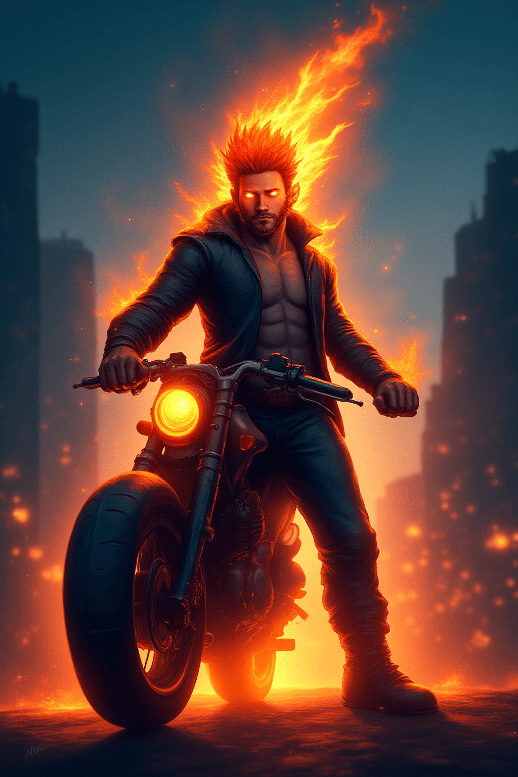 Title: "Inferno Rider in the Night City"Create a dynamic digital artwork featuring a fierce character inspired by the iconic motorcycle-rider with a flaming head. The character should be positioned centrally in the composition, standing confidently with a powerful stance.  The art style is highly detailed and realistic, with a focus on textures and lighting that give the image a threedimensional quality.The medium appears to be a digital painting, utilizing advanced software to create the intricate details and gradients of color. The use of lighting and shadow is particularly impressive, as it adds depth and realism to the characters appearance.The colors in the image are primarily dark and moody, with the fiery skull standing out against the black leather jacket and pants. The flames are a vivid orange and yellow, with red highlights that give them a realistic appearance.There are several objects in the image, including the characters black leather jacket, which has a high collar and detailed stitching. The jacket is buttoned up and has a zipper on the front. The character is also wearing a black shirt with a large, white skull emblem in the center, reminiscent of the Punisher from Marvel Comics. The shirt is tucked into the characters black pants, which are fitted and have a belt with a gold buckle around the waist.The characters hands are raised, with flames emanating from them, adding to the overall menacing and powerful aura of the figure. The background is dark and nondescript, with faint sparks and embers that suggest a fiery environment or aftermath. The overall effect is one of a supernatural being with immense power and a fiery presence.Flames cascade from the head and extend from the hands, casting a vivid orange and yellow glow against the dark environment. The character is clad in a sleek black leather jacket, detailed with rich textures, and embossed with a distinct skull emblem on the chest. This emblem should gleam subtly in the low light, adding an element of mystery to the outfit. Complement the jacket with tight black pants and a wide belt featuring a noticeable circular buckle that adds to the tough, rebellious look.Background elements should be shadowy yet intricately detailed to suggest a city skyline or industrial setting. Dim street lights, distant skyscraper silhouettes, and hints of industrial structures create a sense of depth and location, while maintaining focus on the central figure. Set the scene at night, amplifying the contrast between the intense, fiery hues of the flames and the predominant darkness. Utilize dramatic lighting techniques to highlight the character's striking features, casting strong shadows and reflections. The mood is electric and intense, capturing an atmosphere of power and supernatural force.Use a digital