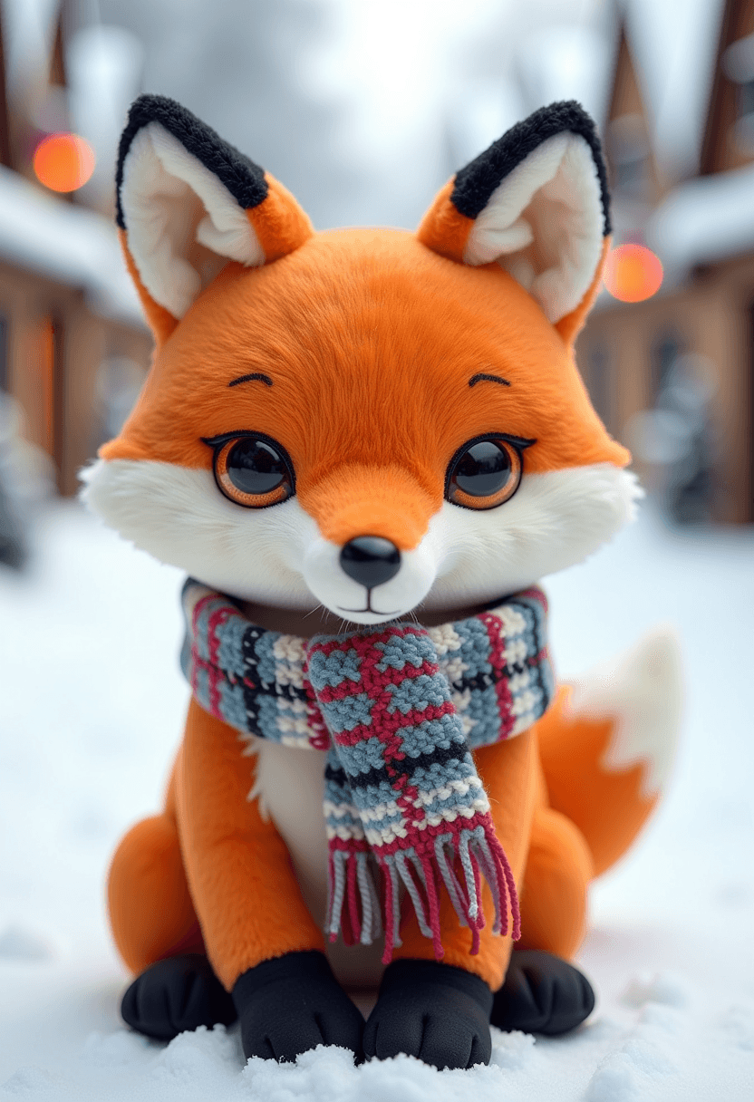 This image features a plush toy that resembles a fox. The plush is predominantly orange with white accents on the snout and the inside of the ears. The foxs eyes are a mix of orange and white, with a black pupil, giving them a somewhat sleepy or disinterested appearance. The foxs ears are perky and pointed, with the tips colored in black, which matches the foxs nose.The fox is wearing a scarf around its neck. The scarf is multicolored, with shades of blue, red, and white, and has a pattern that appears to be stripes and checks. The scarf is knitted, as evidenced by the texture and the way the yarn is visible.The foxs fur appears soft and fluffy, with a plush texture that is inviting to touch. The stitching on the fox is neat and welldefined, with no loose threads or irregularities that would detract from its appearance.The background of the image is a snowy village scene