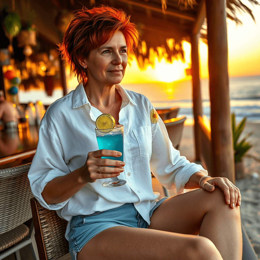 I_body_neutral, I_face_neutral,  A 40-year-old woman with short, messy red hair lounges at a beach bar during sunset, wearing a relaxed, oversized white linen shirt and soft denim shorts. She holds a vibrant blue cocktail with a slice of lime, the warm sunset casting a golden glow on her skin. The bar is adorned with colorful tropical decorations, and the ocean waves can be seen gently rolling in the background.
   - Style: Casual, Beach Lifestyle
   - Colors: Warm yellows, vibrant blues, and earthy tones
   - Lighting: Soft, warm sunset light
   - Composition: Medium shot, capturing the woman and the ocean view behind her