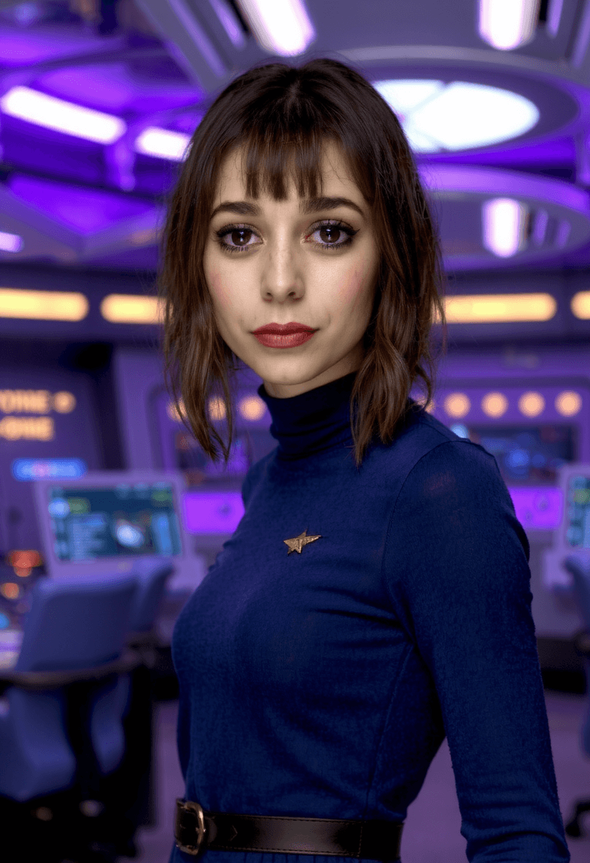 In the foreground, we see the star ship captain, wearing a tight fitting blue uniform with her hair styled in a shoulder length dark cut with bangs. Her makeup is quite pronounced, with dark eyeliner and mascara, and her lips are painted a deep shade of red or maroon. Dramatic lighting.This image depicts a futuristic setting, likely from a science fiction narrative, with a focus on a control room or command center. The art style is digital, with a cinematic quality that suggests it could be a still from a television show or movie. The medium appears to be a highresolution digital image, possibly created for a promotional purpose or as concept art.Colors in the image are rich and varied, with a predominance of purples and blues that give the scene a cool, technological ambiance. 